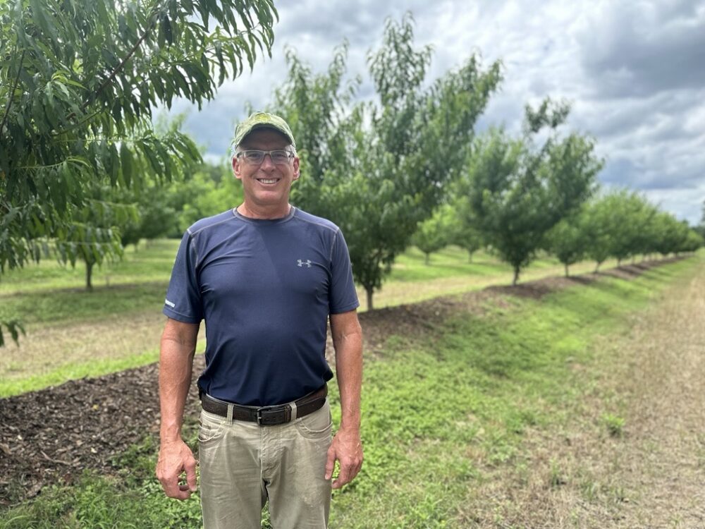 Jim Pokluda poses in his peach orchard on May 22, 2026.