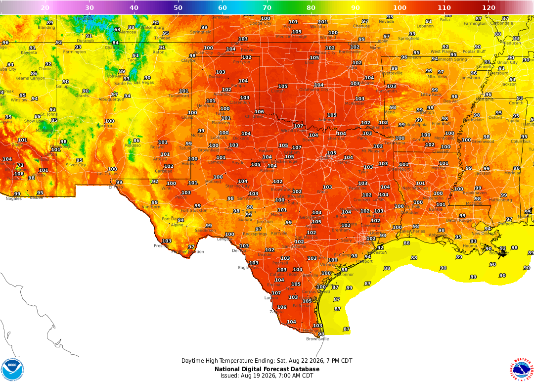 The NWS high temperature forecast for Saturday, Aug. 22.