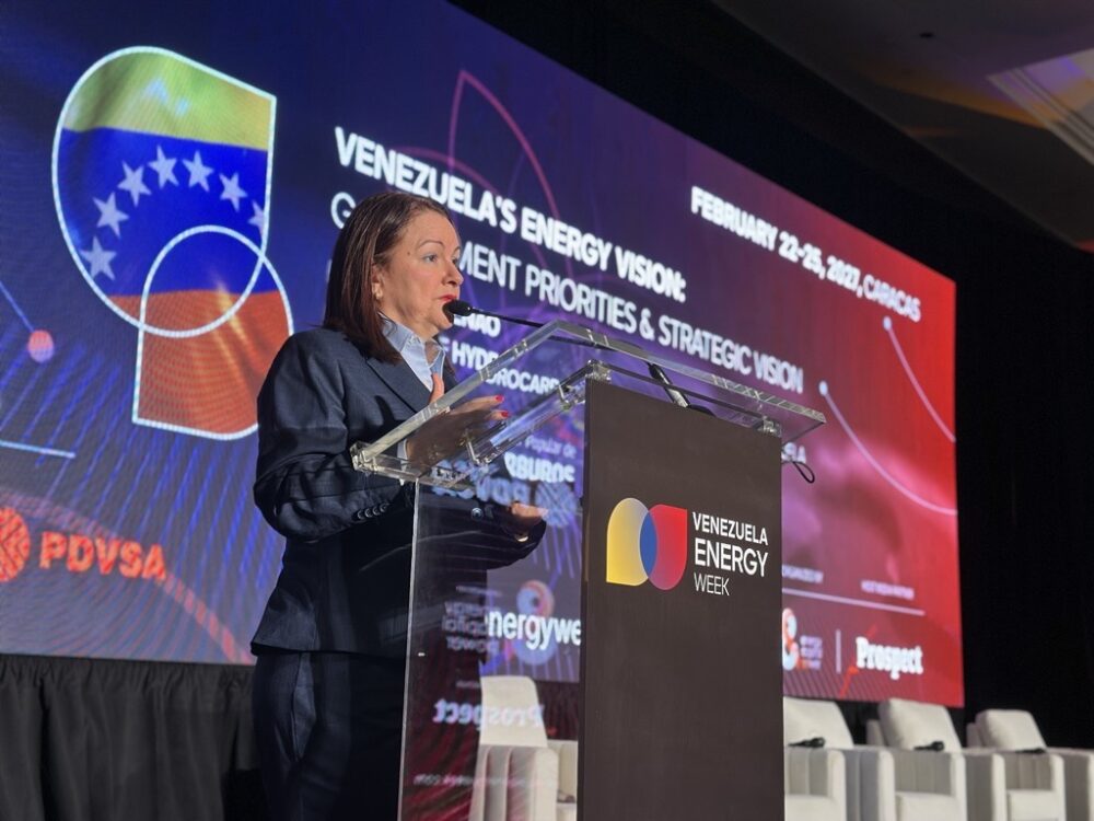 Venezuela's oil minister, Paula Henao, addresses Houston energy leaders at a conference on Aug. 19, 2026.