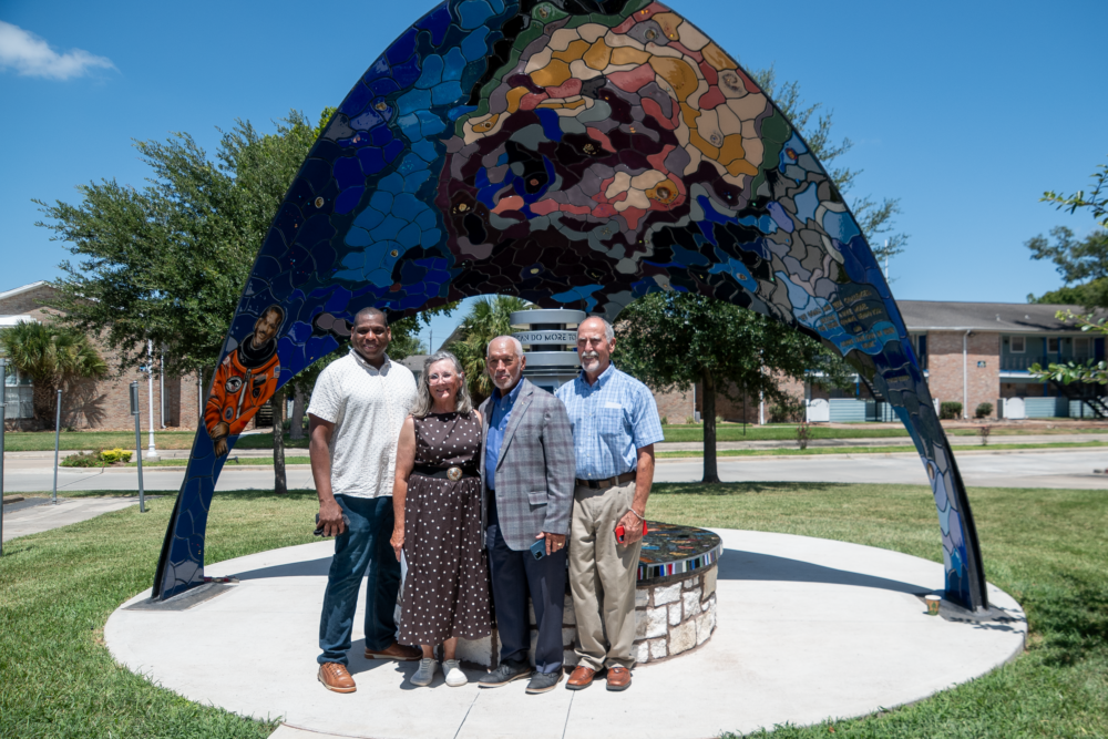 Artists who designed the EarthRise monument pose with Charles Bolden: (L-R) Jose Dennis, Liz Conces Spencer, Bolden, and Gene Hester. (Photo Credit: Daniel Villarreal/Episcopal Diocese of Texas)