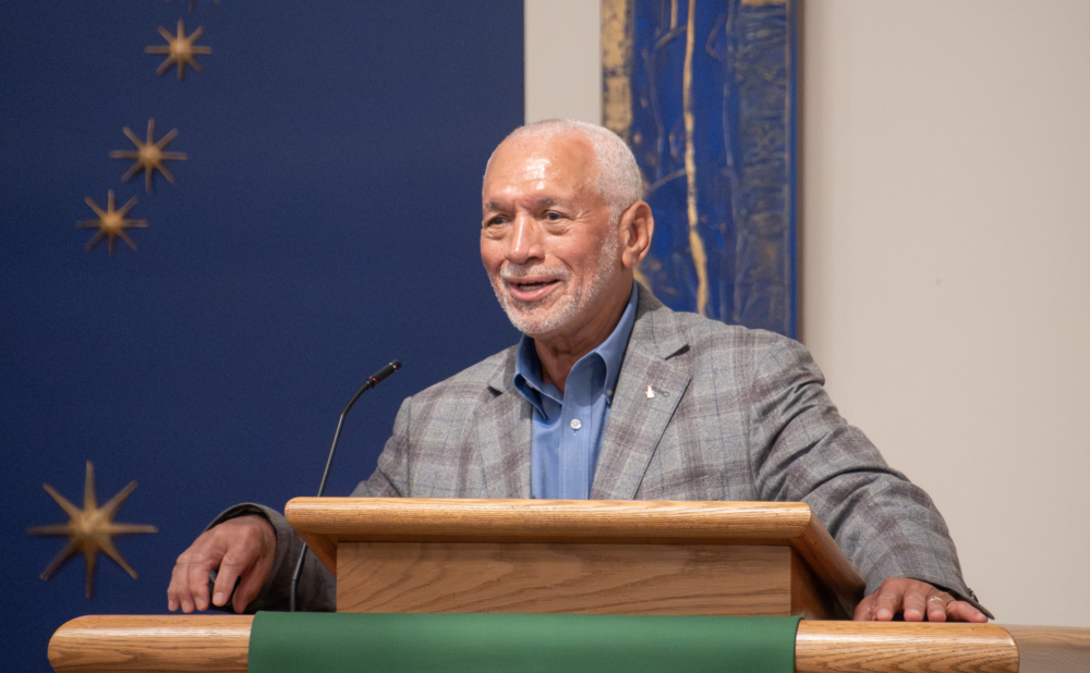 Former astronaut and NASA administrator Charles Bolden speaks during the dedication of the EarthRise monument on the grounds of his former place of worship, St. Thomas the Apostle Episcopal Church in Nassau Bay, Texas. (Photo Credit: Daniel Villarreal/Episcopal Diocese of Texas)