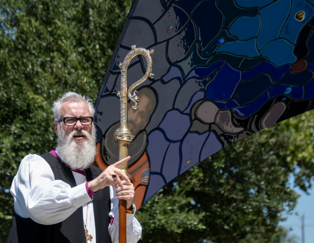C. Andrew Doyle, Bishop of the Episcopal Diocese of Texas, speaks on Aug. 16, 2026, at the dedication of EarthRise, a new monument to women and Black pioneers in the space industry on the grounds of St. Thomas the Apostle Episcopal Church in Nassau Bay, Texas. (Photo Credit: Daniel Villarreal/Episcopal Diocese of Texas)