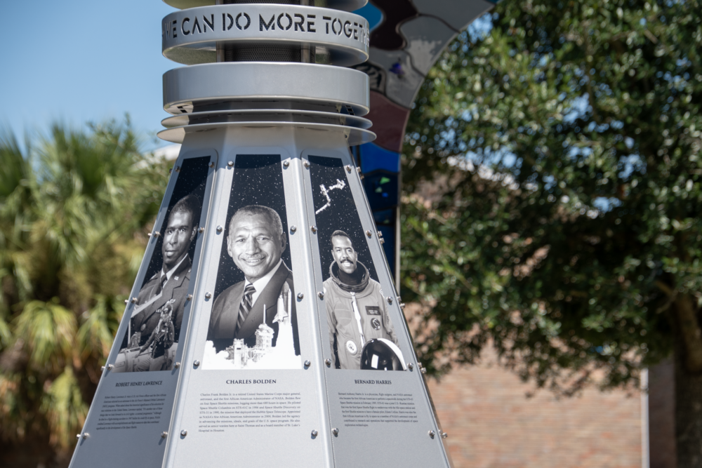The space capsule element of EarthRise, a new monument to women and Black pioneers in the space industry on the grounds of St. Thomas the Apostle Episcopal Church in Nassau Bay, Texas. (Photo Credit: Daniel Villarreal/Episcopal Diocese of Texas)