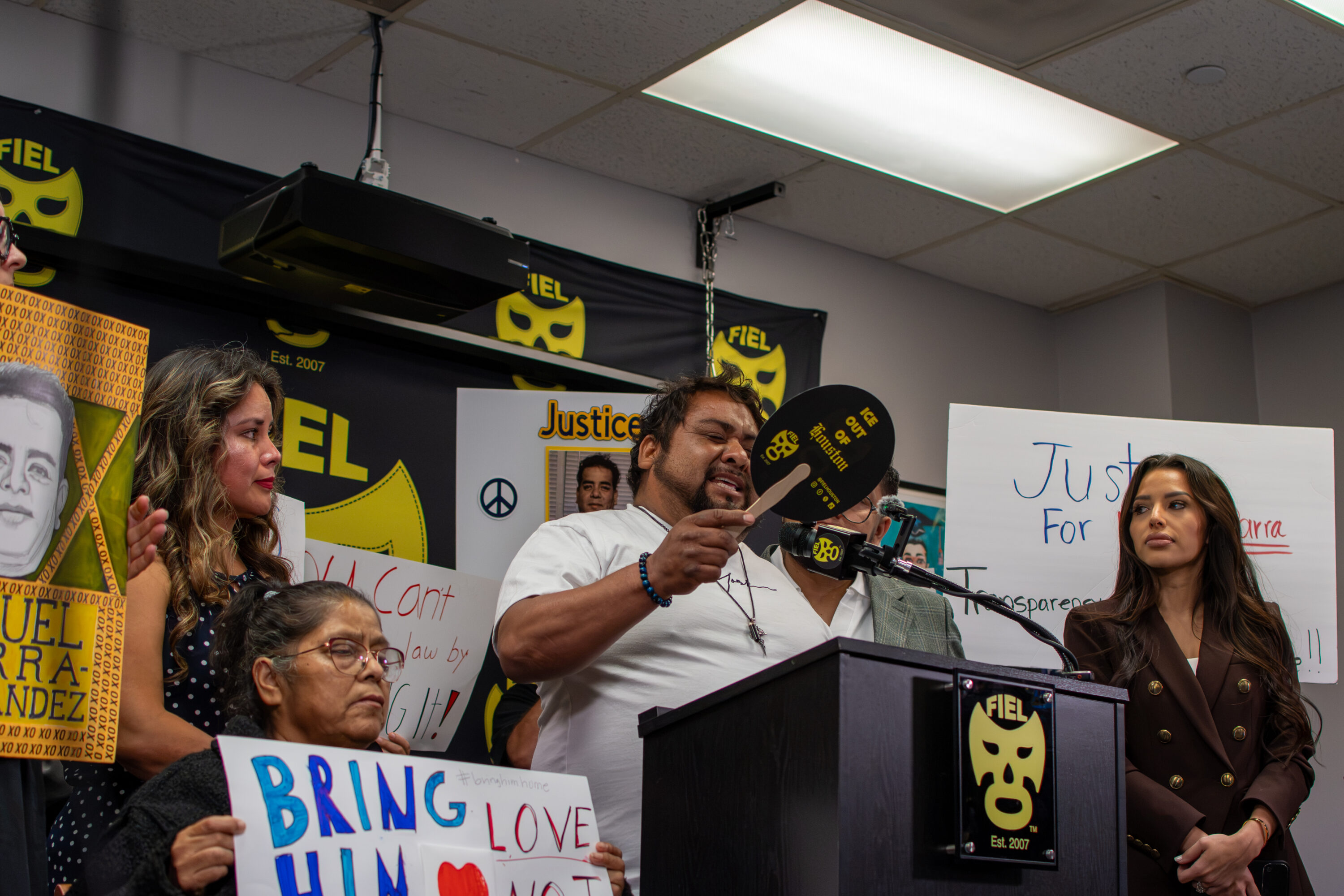 Roberto Parra, the brother of Miguel Parra-Hernandez, who was struck by an ICE vehicle in Houston on Oct. 10, speaks at a press conference.