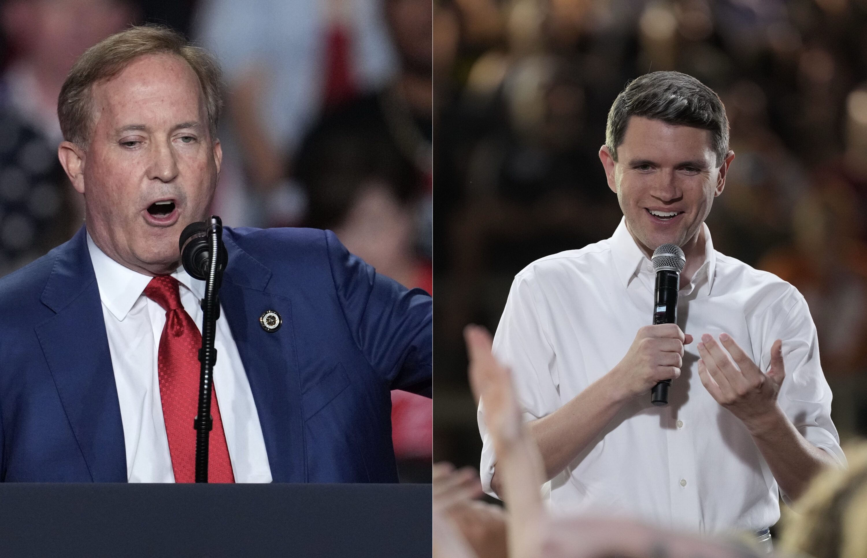 U.S. Senate candidates Ken Paxton and James Talarico each speaking at separate political rallies.